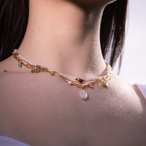 Double-layered golden stainless steel necklace with pearl and colorful gemstone heart pendants