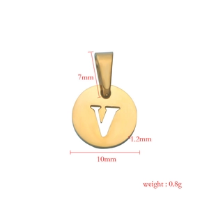 Gold hollow round alphabet V pendant in mirror stainless steel with dimensions and weight