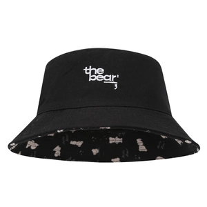 Double-sided UV protection bucket hat in black cotton canvas with bear embroidery