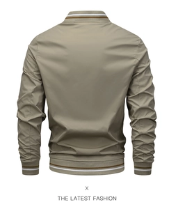 Back view of khaki men's casual jacket with striped ribbed collar and hem detail