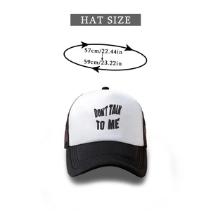 Detailed size guide for the black and white trucker hat featuring a 57cm-59cm circumference