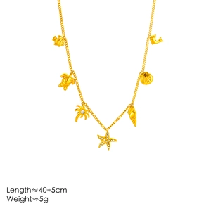 14k gold plated stainless steel necklace with ocean charms and white zircon accents