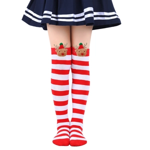 Detail of red and white striped Christmas over-knee socks with 3D reindeer doll attachment