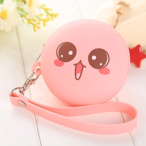 Pink cartoon silicone mini round coin purse with wrist strap and carabiner clip