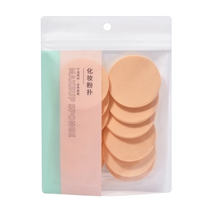 Set of 12 soft cosmetic powder puffs for dry and wet foundation application in a storage bag