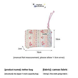 Floral canvas pouch 16x10x2cm detail with pink drawstring zipper and dimensions