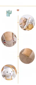 Detail shots of plush teddy bear in checkered overalls and bunny in yellow polka dot dress