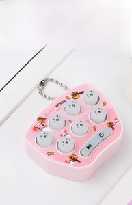 Mini pink whack-a-mole game keychain with cat buttons and metallic ball chain detail