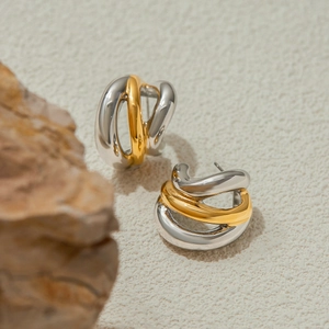 Minimalist C-shaped stainless steel earrings in gold and silver mixed metallic finish