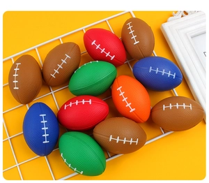 Colorful PU foam mini American football stress balls in brown, red, green, and blue