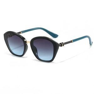 Modern women's polygonal black sunglasses with blue-purple gradient lenses and gold accents