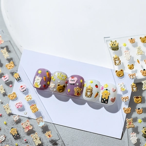 5D embossed cartoon bear and pig nail art stickers with 3D texture on white card
