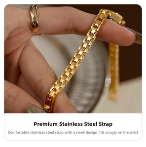 Detail of the high-quality gold stainless steel link watch band shown in close-up