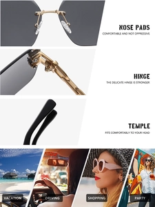 Detailed views of gold hinges and grey rimless lenses for outdoor fashion sunglasses