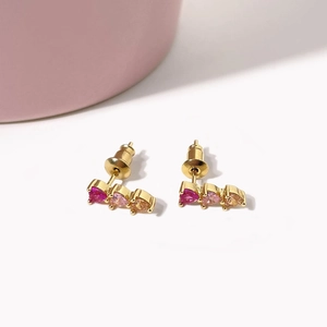 Elegant 18k gold plated gradient heart stud earrings with pink and champagne stones