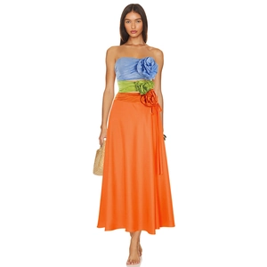 Detailed close-up of a vibrant 3-piece floral set with satin-finish blue top and orange skirt