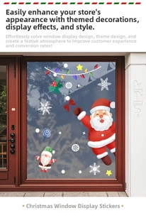 Detail of Christmas window stickers with Santa, snowflakes and stars on red glass door