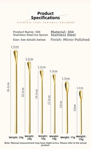 Size chart showing dimensions for six 304 stainless steel long handle mixing spoons