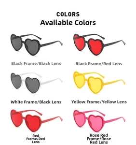 Detail view of heart-shaped sunglasses available in six vibrant color combinations