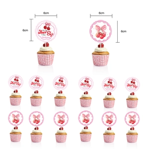 Detail of 6cm cherry-themed cupcake toppers with pink gingham design and birthday text