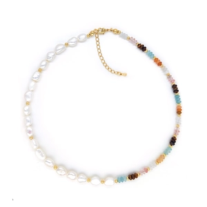 Baroque pearl and multi-colored bead necklace with adjustable gold-tone lobster clasp