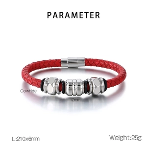 Detail view of red braided cowhide leather bracelet with magnetic clasp and specs