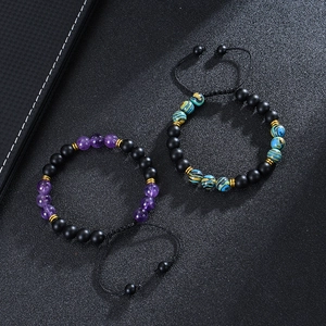8mm frosted amethyst and sunstone braided bracelets with adjustable black cord