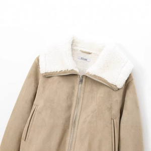 Men's khaki faux suede jacket with warm fleece collar and full zipper closure