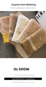 Detail of silk-like scarves featuring pearl beads and shiny stripes in multiple colors