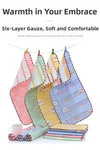 Detail of six-layer cotton gauze hand towels featuring cute cartoon animal patterns
