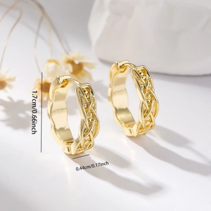 Detailed view of gold hoop earrings with woven texture showing dimensions 1.7cm and 0.44cm