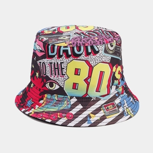 Detail of retro 80's pop art pattern print on a canvas bucket hat with vivid colors