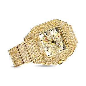 Luxury square iced-out watch for men featuring a gold skeleton dial and fully paved crystals