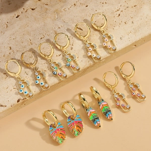 Exotische Kupfer Emaille Böser Blick Blatt Ohrhänger Für Damen Mode Schmuck Bunte Zirkonia Ohrringe Geschenk