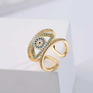 Evil Eye Open Ring Copper Gold Plated Multi Layer Hollow Zircon Turquoise Adjustable Bohemian Jewelry For Women