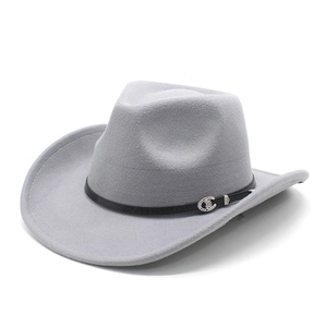 Detailed side view of a grey western cowboy felt hat with a black leather buckle band