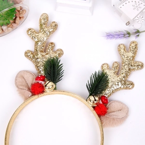 Serre-tête Cornes De Renne Noël Paillettes Dorées Oreilles Peluche Cloche Aiguille Pin Accessoire Décoration Fête