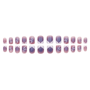 24pcs short French press-on nails with purple gradient and white heart designs
