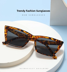 Detail of tortoise shell cat eye sunglasses frame with UV protection dark lenses