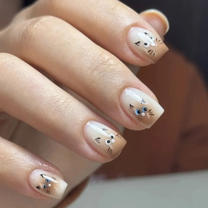 Cute Siamese Cat Press On Nails Glossy Gradient Brown ABS Artificial False Nail Tips Short Square For Women