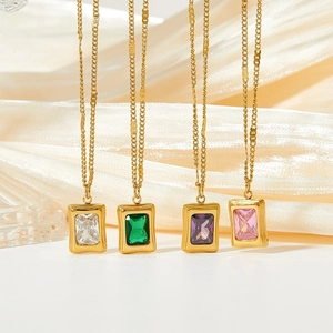 Gold plated stainless steel necklaces with zircon square pendants in multiple colors