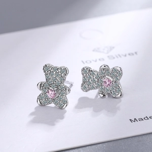 Sparkling silver bear stud earrings with crystal pave and pink heart gemstone