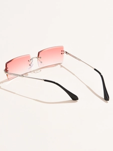 Detail of pink gradient rimless square sunglasses with elegant silver metal temples