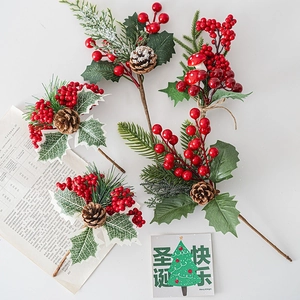 Artificial Christmas Berry Pine Cone Branches Plastic Frosted Pine Needles Holly Leaf Sprays Tree Decor Vase Filler Holiday