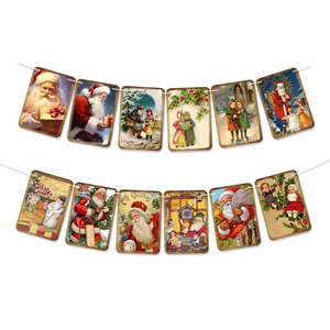 Bannière de Noël Rétro Vintage Père Noël Carte en Papier Décoration Suspendue Salon Chambre Ornement de Fête Festive