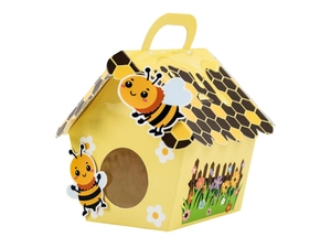 Detailed view of bumblebee themed candy box with yellow honeycomb and carry handle