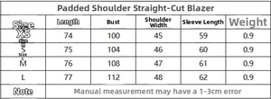 Detailed size chart for women's padded shoulder straight blazer in centimeters