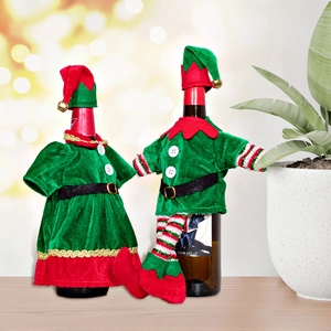 Christmas elf wine bottle covers set with bells and sequins for holiday table decoration