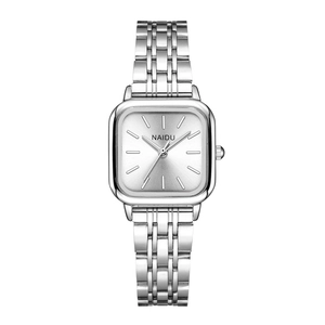 Minimalist silver stainless steel square watch with a metal link strap for women