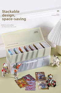 Stackable translucent card storage box with dividers for organizing trading card collections